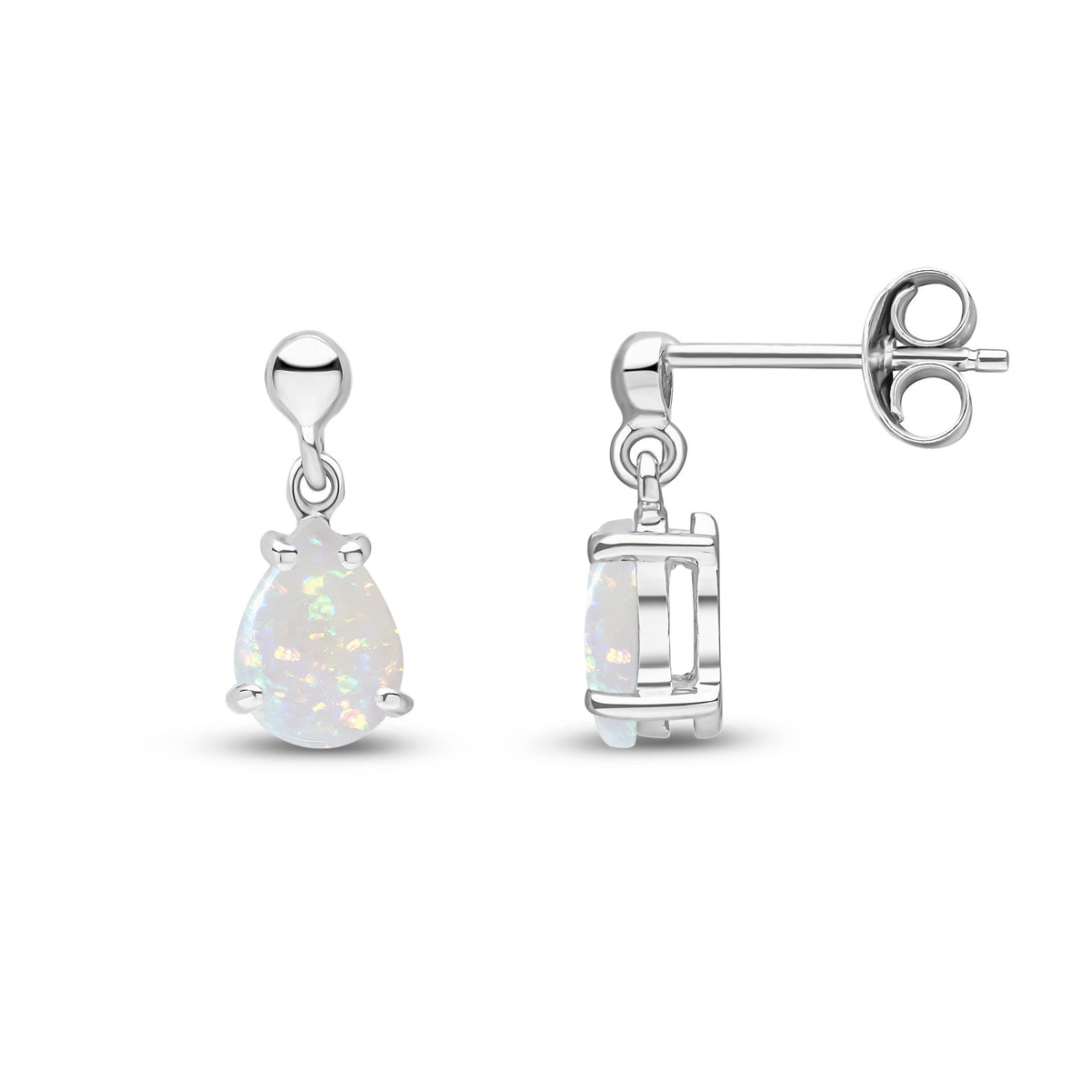 9CT WG 7X5 PEARSHAPE OPAL CLAW SET DROP EARRINGS WITH BEAD TOP
