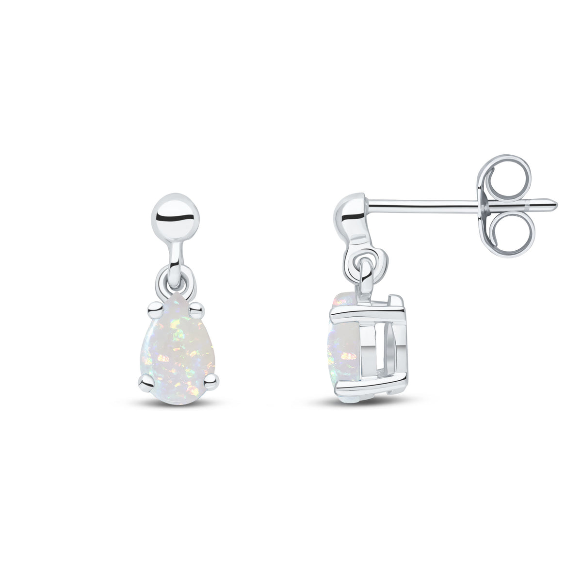9CT WG 6X4 PEARSHAPE OPAL CLAW SET DROP EARRINGS WITH BEAD TOP