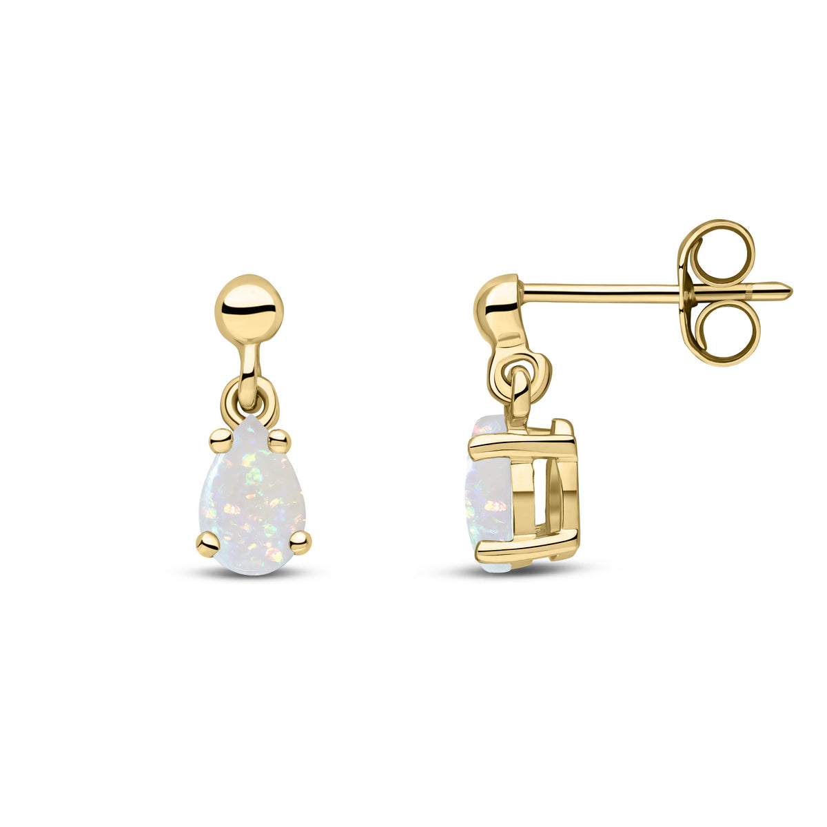 9CT YG 6X4 PEARSHAPE OPAL CLAW SET DROP EARRINGS WITH BEAD TOP