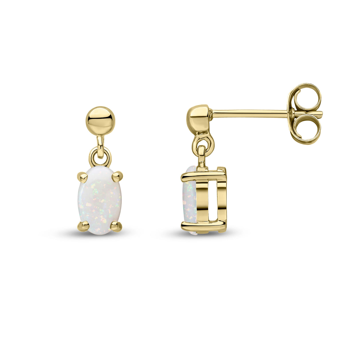 9CT YG 6X4 OVAL OPAL CLAW SET DROP EARRINGS WITH BEAD TOP