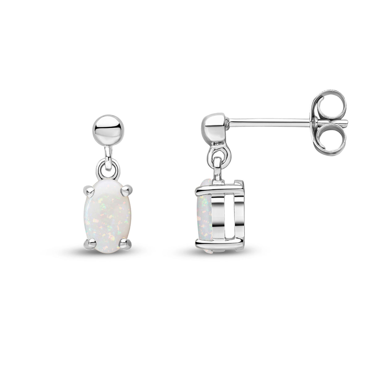 9CT WG 6X4 OVAL OPAL CLAW SET DROP EARRINGS WITH BEAD TOP