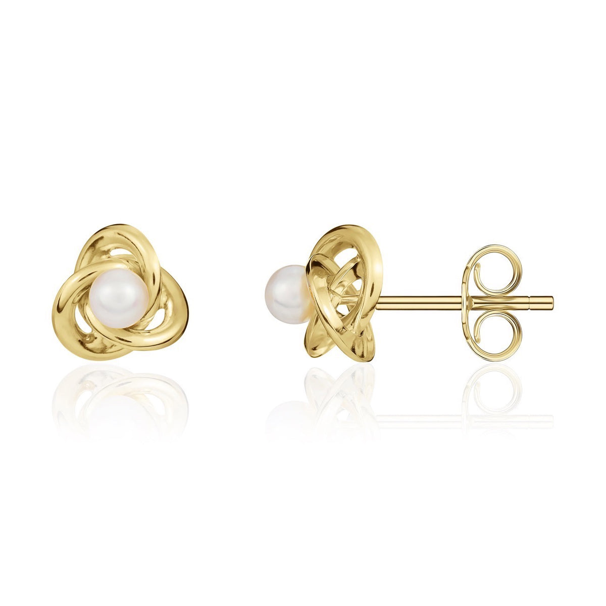 9CT YELLOW GOLD KNOT STUD EARRINGS WITH 4MM FRESHWATER CULTURED PEARL CENTRE