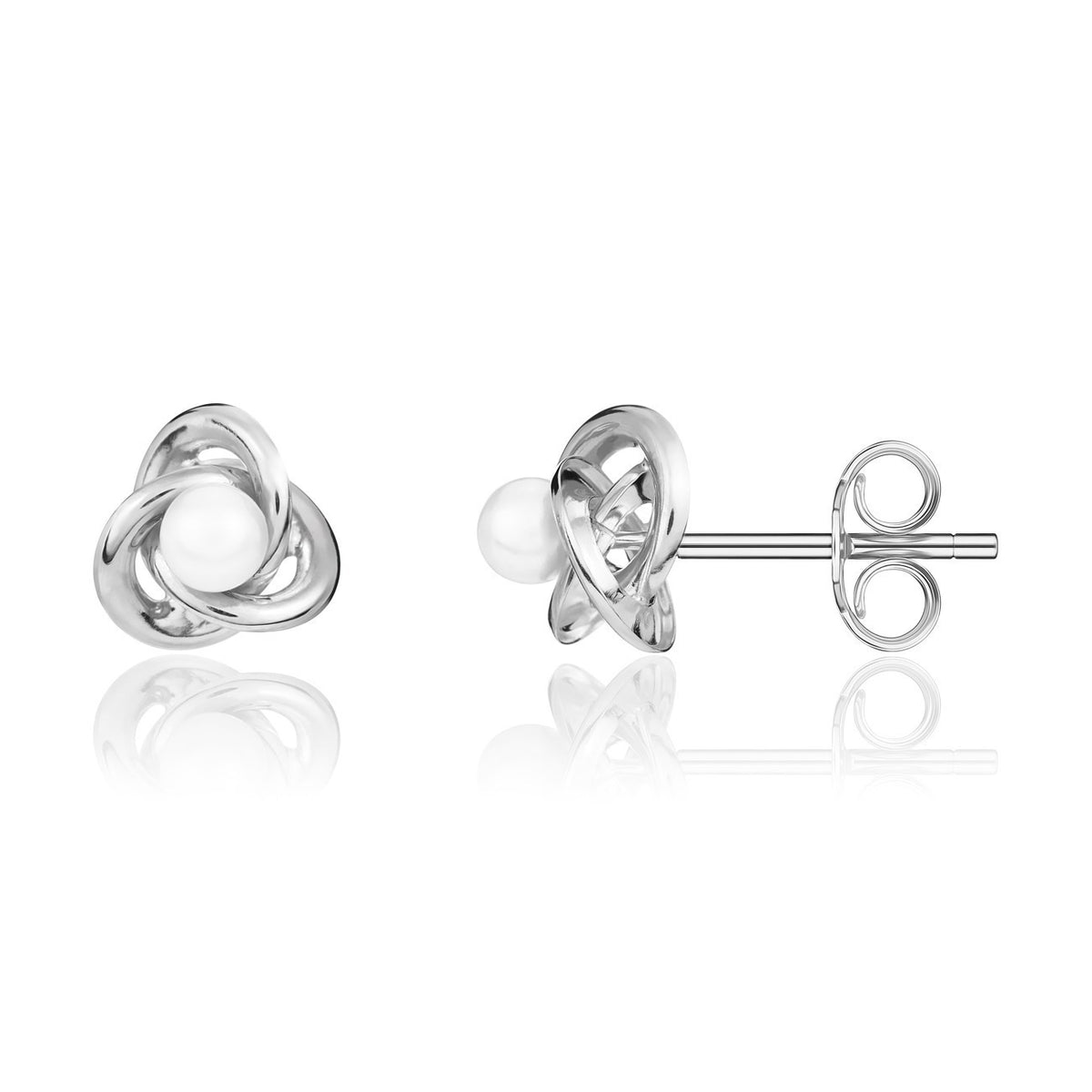 9CT WHITE GOLD KNOT STUD EARRINGS WITH 4MM FRESHWATER CULTURED PEARL CENTRE