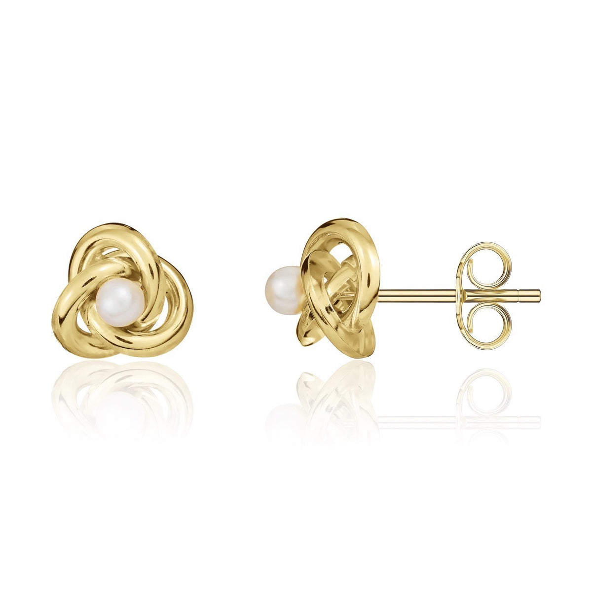 9CT YELLOW GOLD KNOT STUD EARRINGS WITH 4.5MM FRESHWATER CULTURED PEARL CENTRE