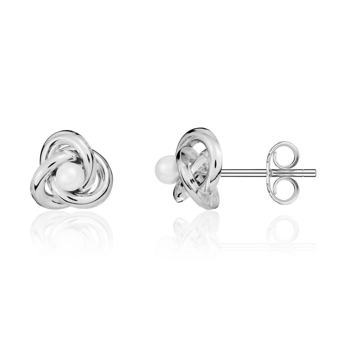 9CT WHITE GOLD POLISHED KNOT STUD EARRING WITH 4.5MM CULTURED FRESHWATER PEARL CENTRE