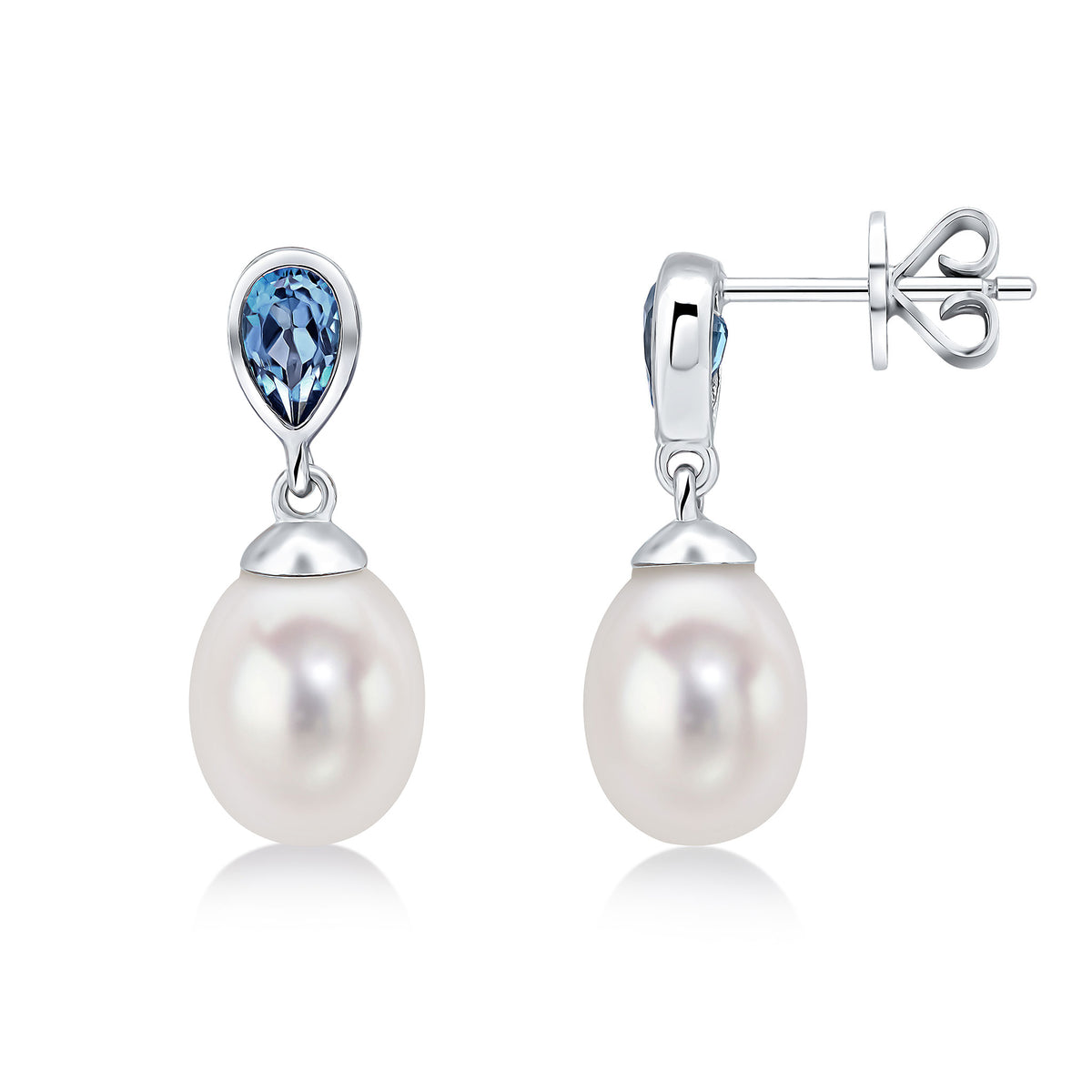 9CT WG PEARL & SINGLE PEARSHAPE LONDON BLUE TOPAZ DROP EARRINGS