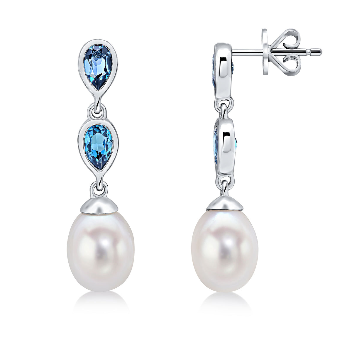 9CT WG PEARL & DOUBLE PEARSHAPE LONDON BLUE TOPAZ DROP EARRINGS