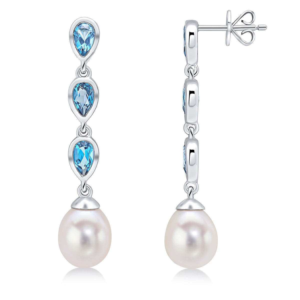9CT WG PEARL & TRIPLE PEARSHAPE LONDON BLUE TOPAZ DROP EARRINGS