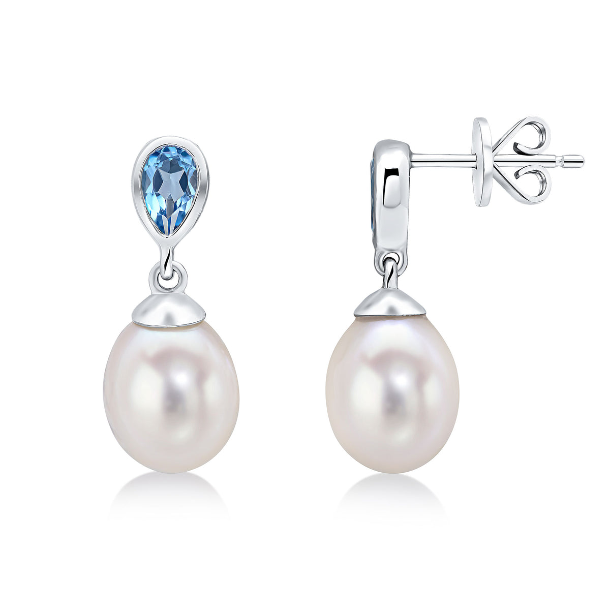 9CT WG PEARL & SINGLE PEARSHAPE SWISS BLUE TOPAZ DROP EARRINGS