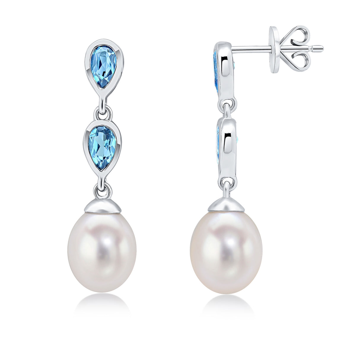 9CT WG PEARL & DOUBLE PEARSHAPE SWISS BLUE TOPAZ DROP EARRINGS