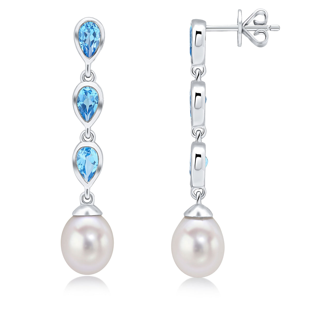 9CT WG PEARL & TRIPLE PEARSHAPE SWISS BLUE TOPAZ DROP EARRINGS