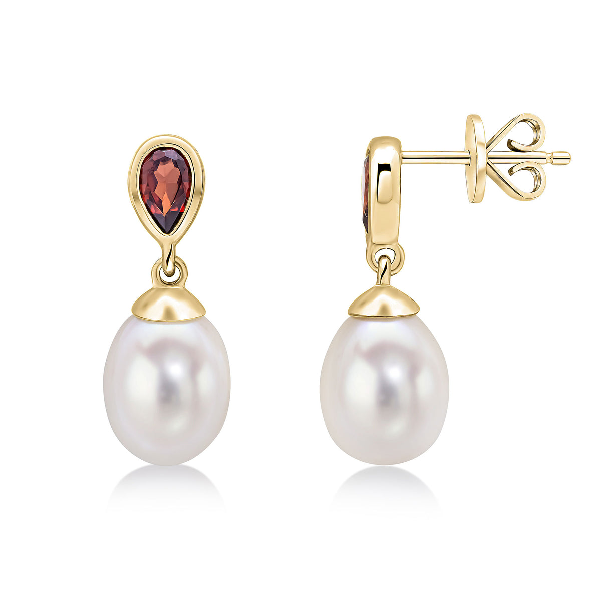 9CT YG PEARL & SINGLE PEARSHAPE GARNET DROP EARRINGS