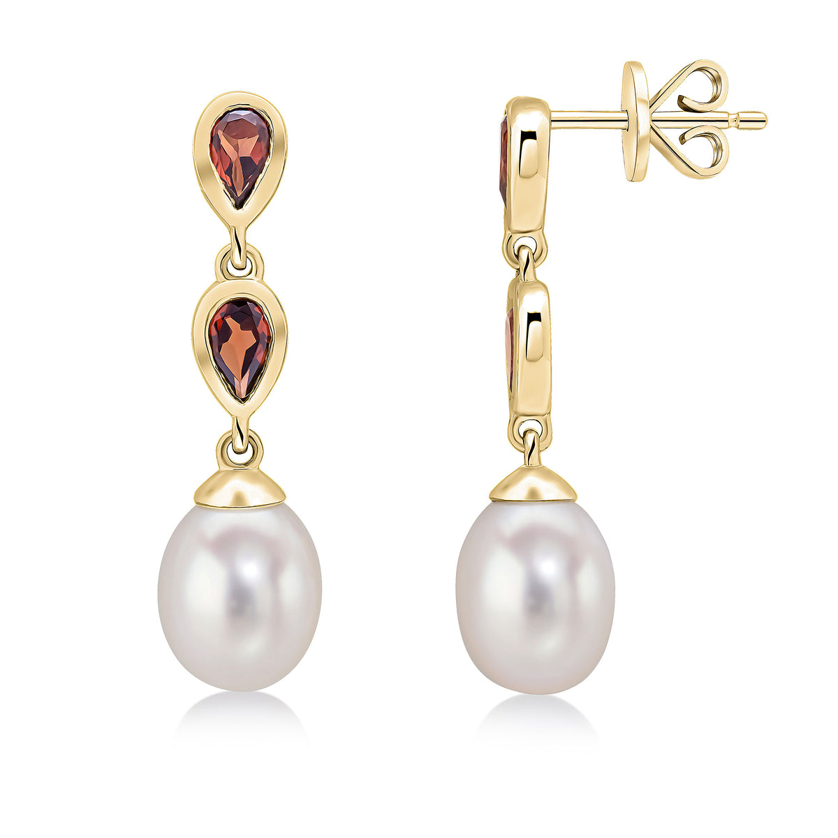 9CT YG PEARL & DOUBLE PEARSHAPE GARNET DROP EARRINGS