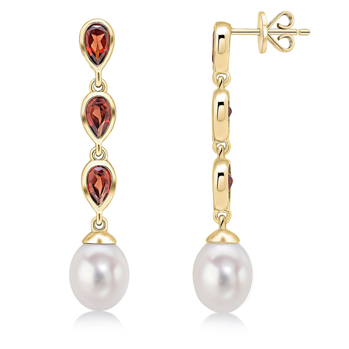 9CT YG PEARL & TRIPLE PEARSHAPE GARNET DROP EARRINGS
