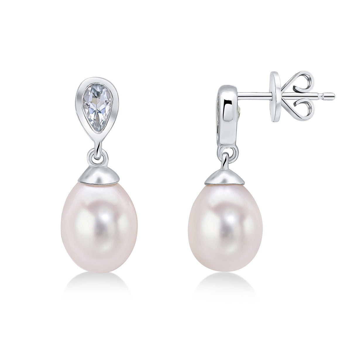 9CT WG PEARL & SINGLE PEARSHAPE AQUA DROP EARRINGS