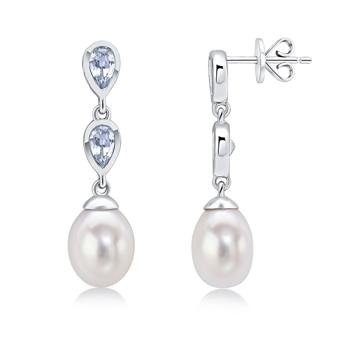9CT WG PEARL & DOUBLE PEARSHAPE AQUA DROP EARRINGS