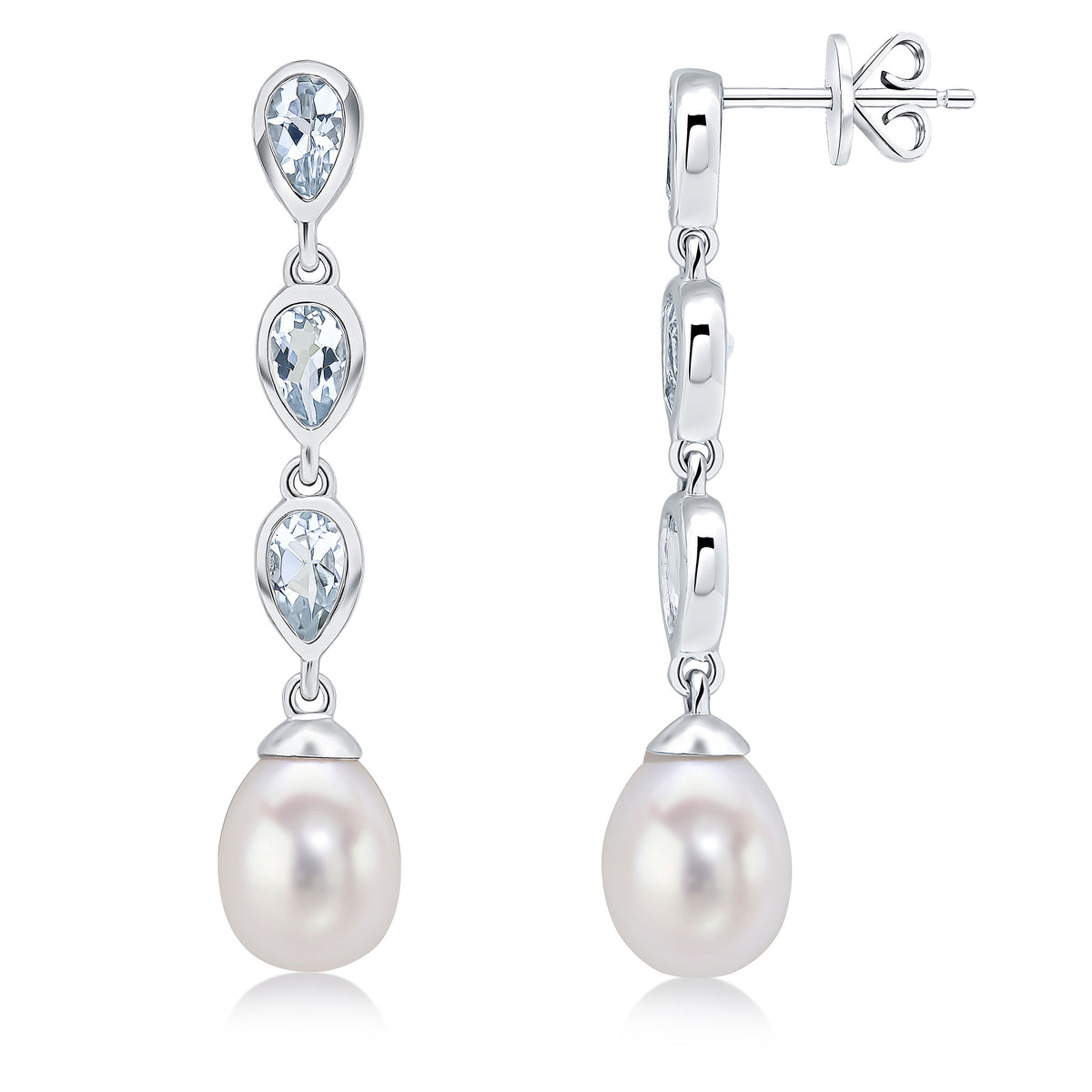 9CT WG PEARL & TRIPLE PEARSHAPE AQUA DROP EARRINGS