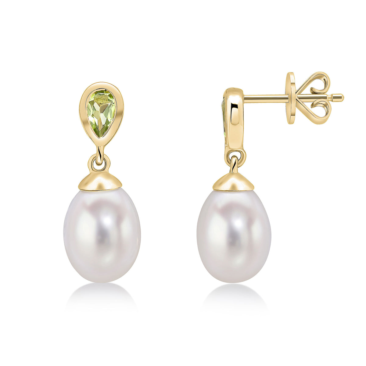 9CT YG PEARL & SINGLE PEARSHAPE PERIDOT DROP EARRINGS