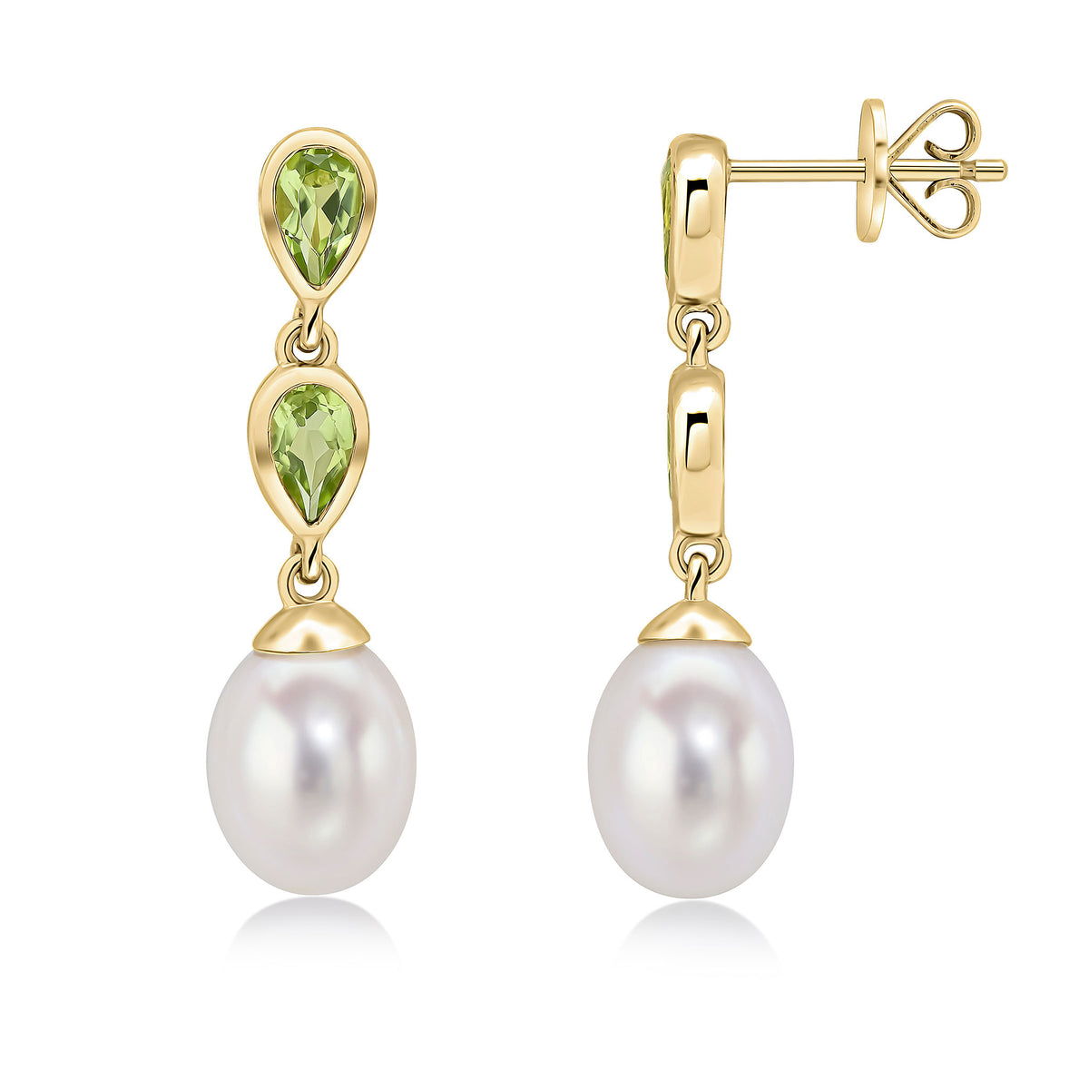 9CT YG PEARL & DOUBLE PEARSHAPE PERIDOT DROP EARRINGS
