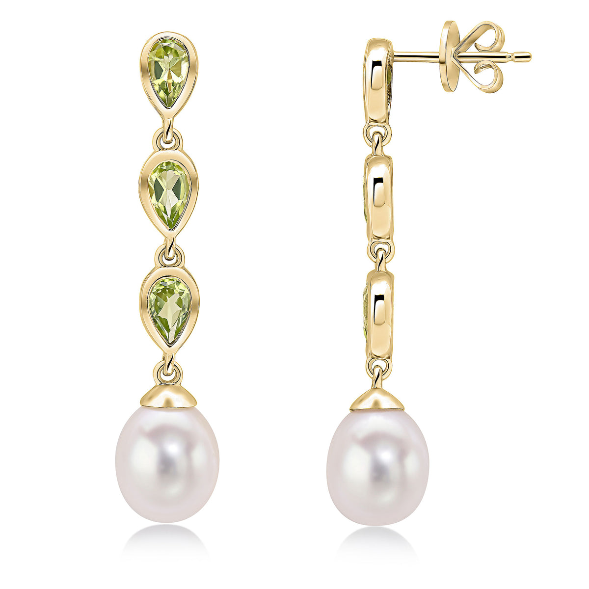 9CT YG PEARL & TRIPLE PEARSHAPE PERIDOT DROP EARRINGS