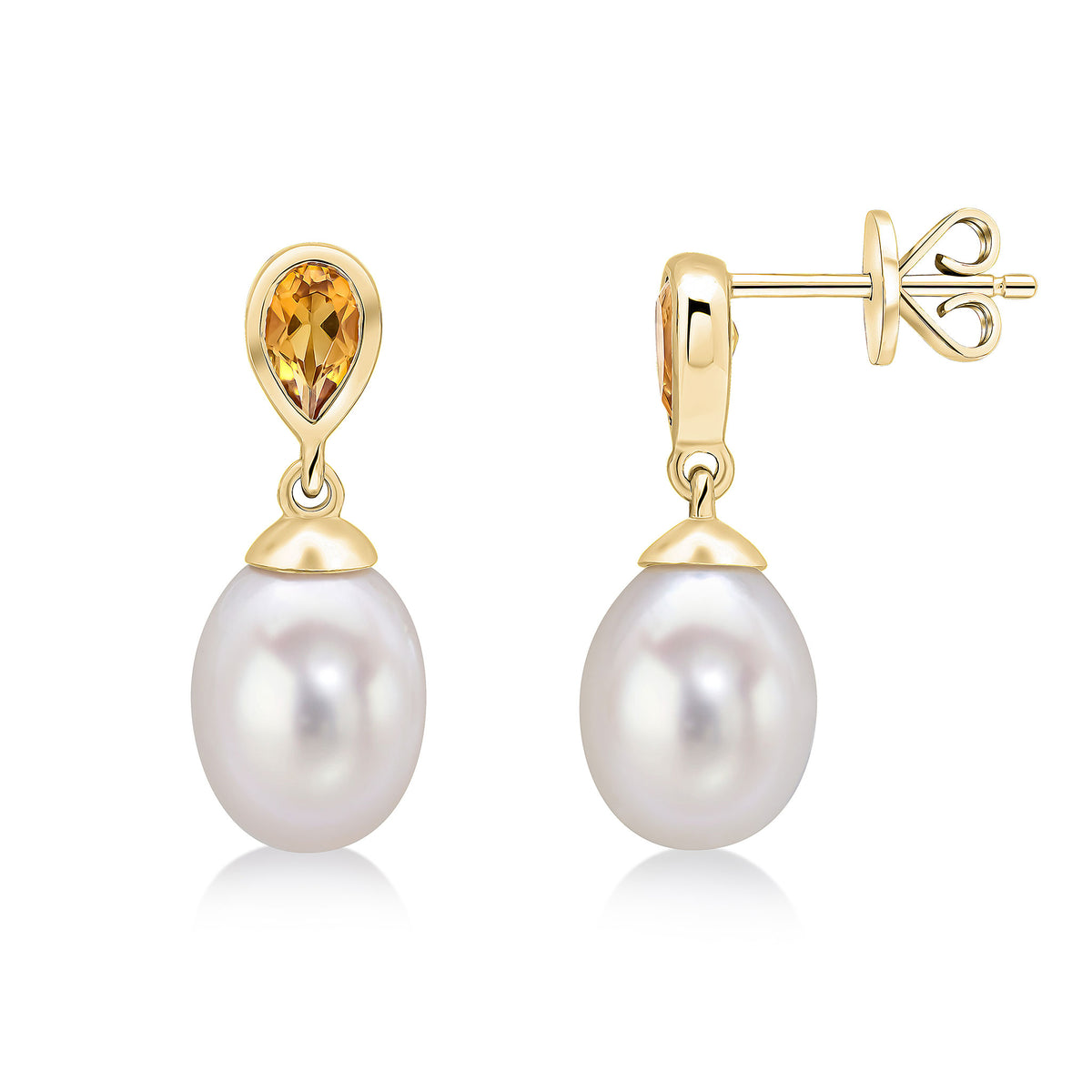 9CT YG PEARL & SINGLE PEARSHAPE CITRINE DROP EARRINGS