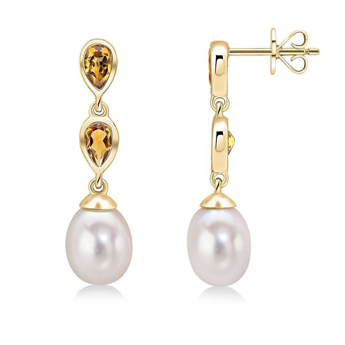 9CT YG PEARL & DOUBLE PEARSHAPE CITRINE DROP EARRINGS