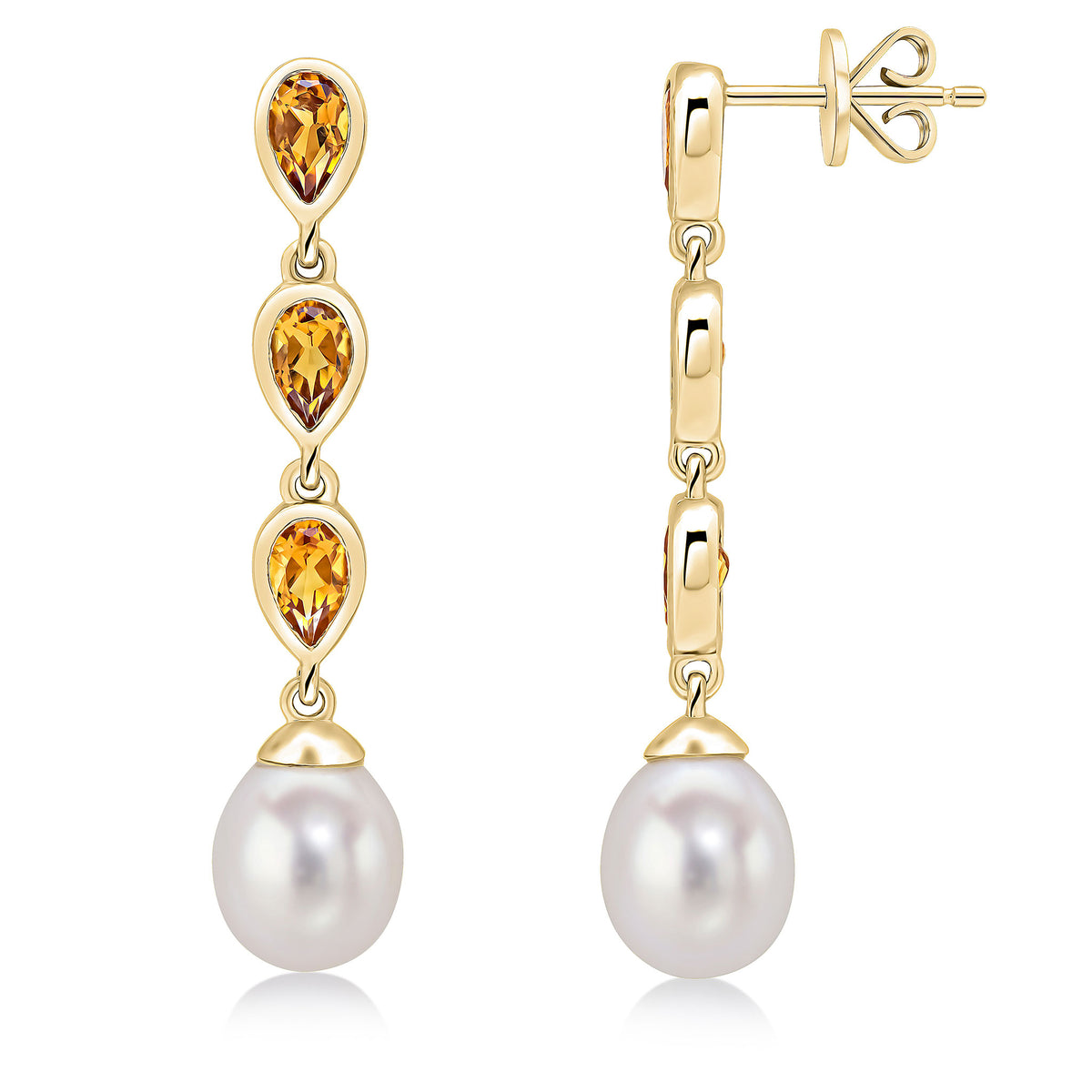 9CT YG PEARL & TRIPLE PEARSHAPE CITRINE DROP EARRINGS