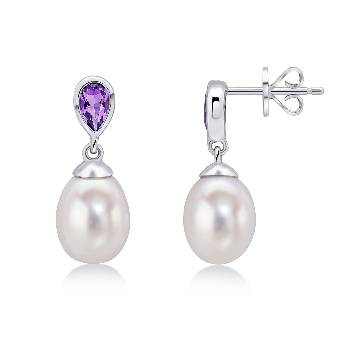 9CT WG PEARL & SINGLE PEARSHAPE AMETHYST DROP EARRINGS