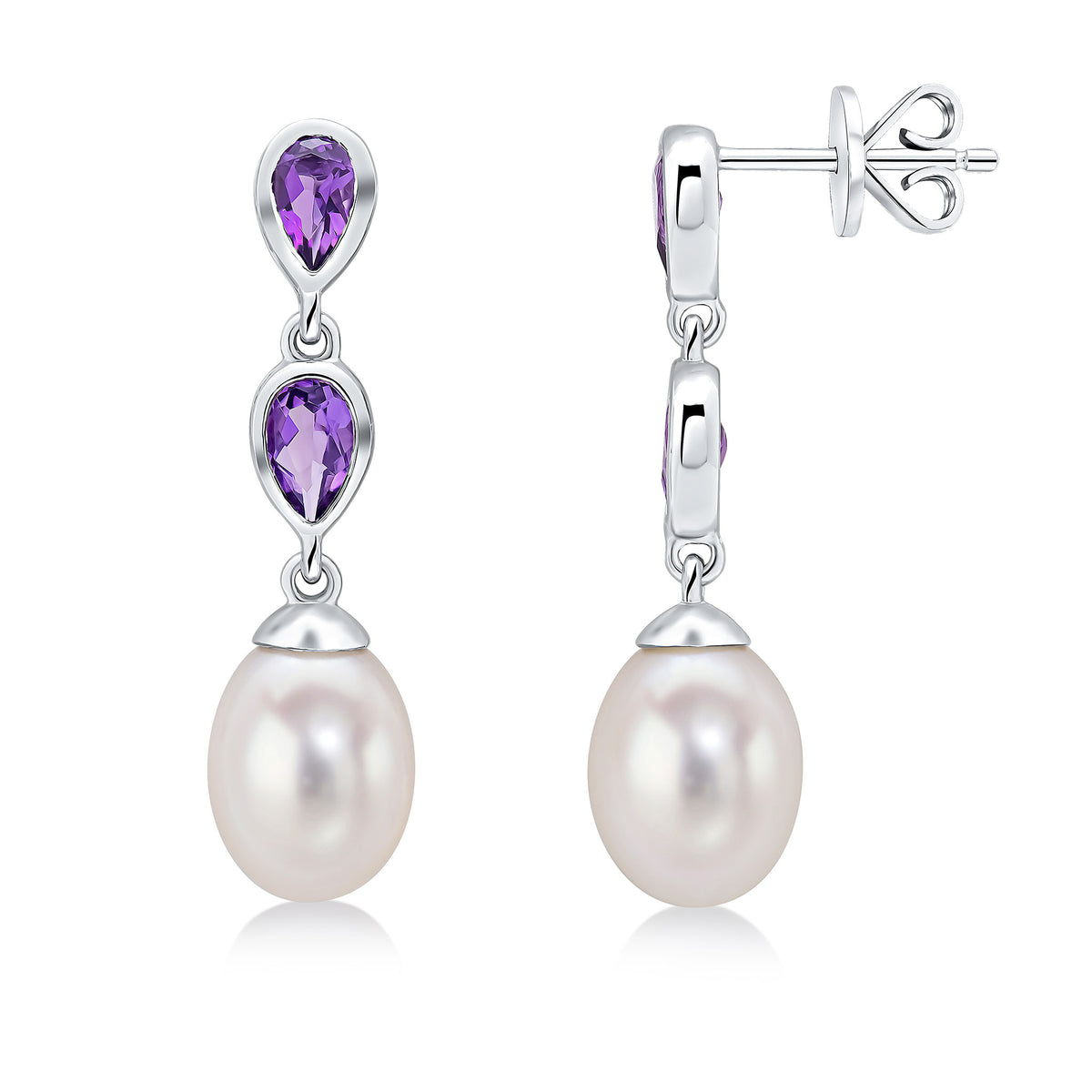 9CT WG PEARL & DOUBLE PEARSHAPE AMETHYST DROP EARRINGS