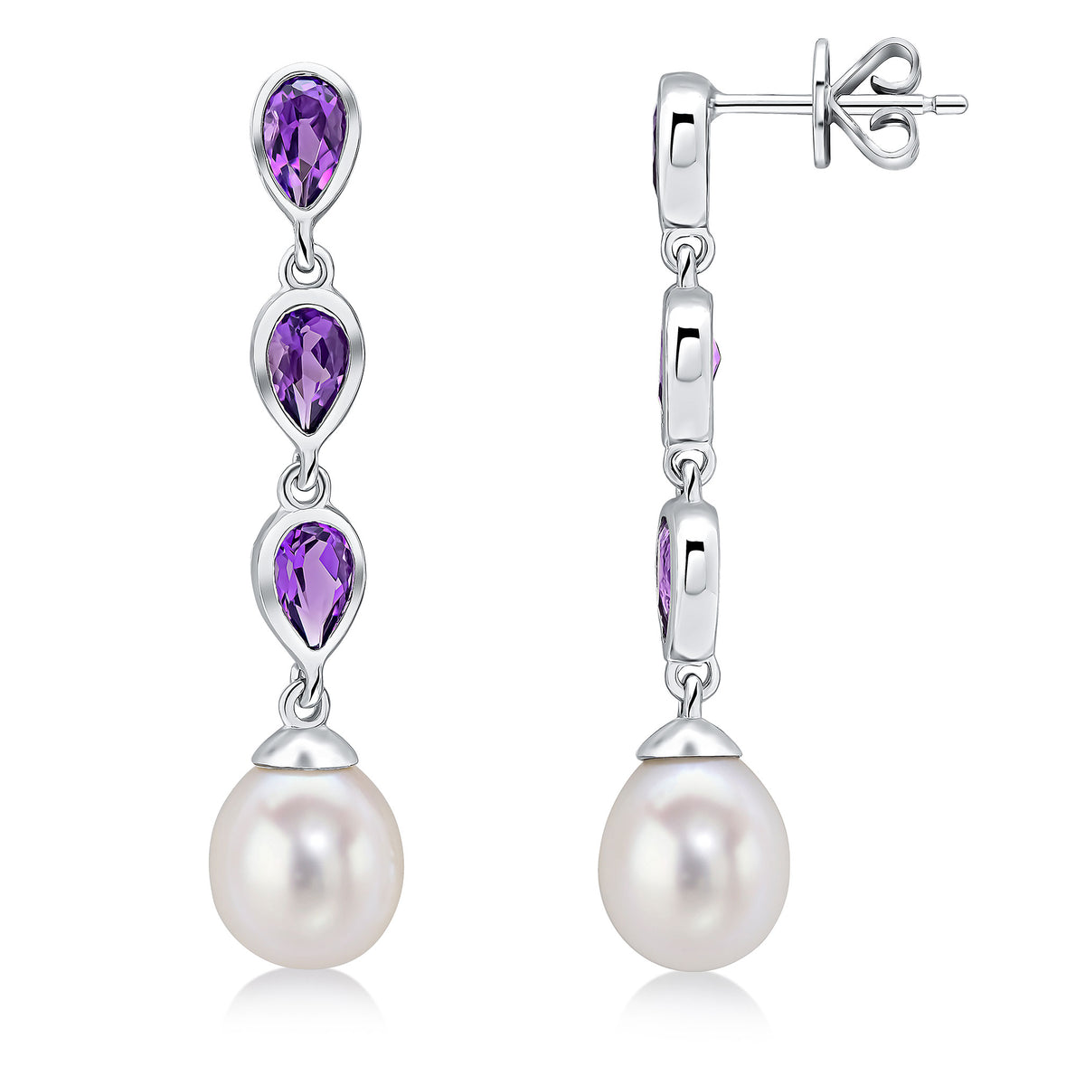9CT WG PEARL & TRIPLE PEARSHAPE AMETHYST DROP EARRINGS