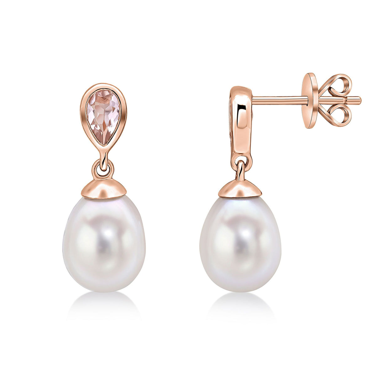 9CT RG PEARL & SINGLE PEARSHAPE MORGANITE DROP EARRINGS
