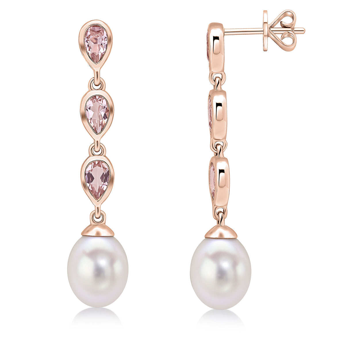 9CT RG PEARL & TRIPLE PEARSHAPE MORGANITE DROP EARRINGS