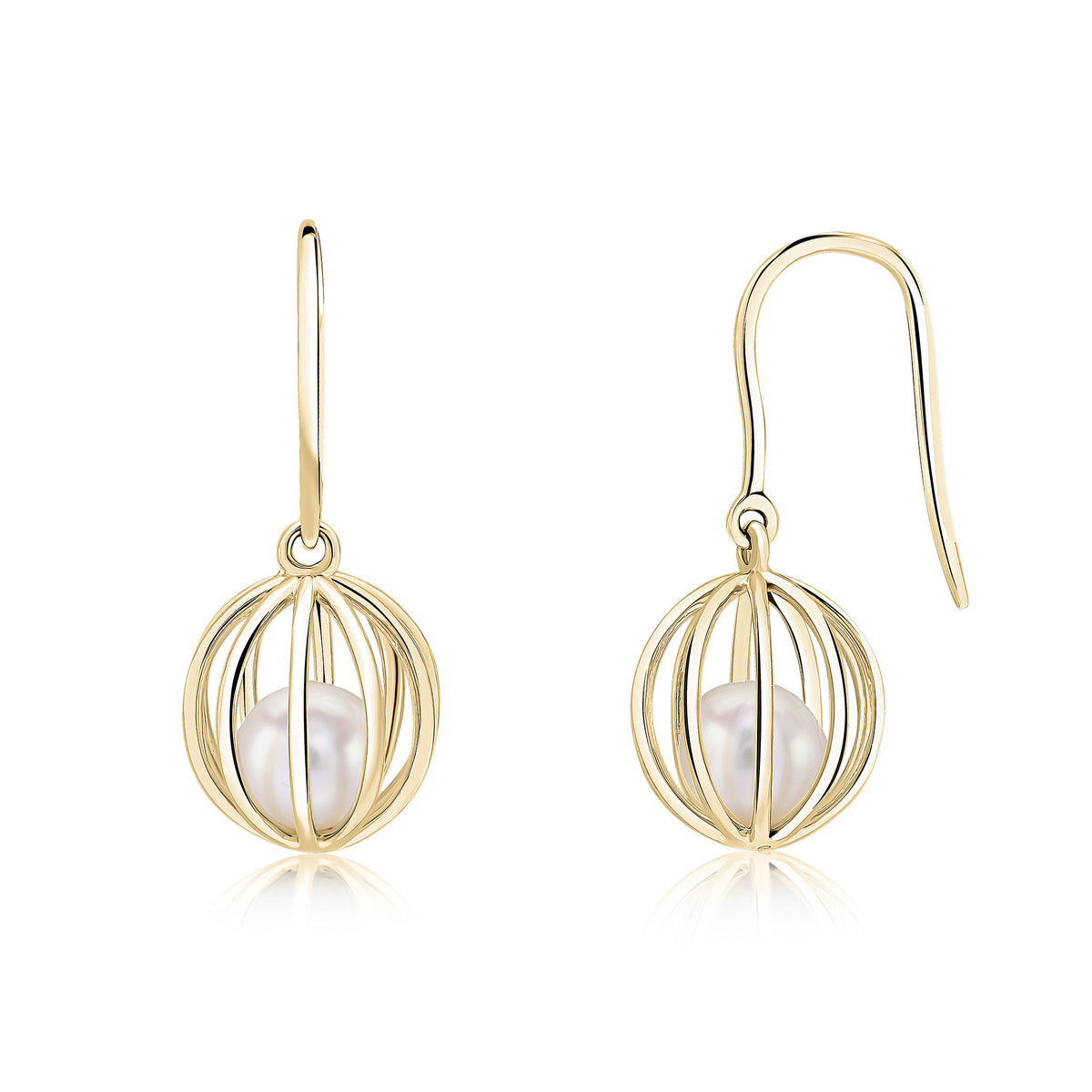 9CT YG PEARL IN ROUND CAGE DROP EARRINGS WITH HOOK WIRE FITTINGS