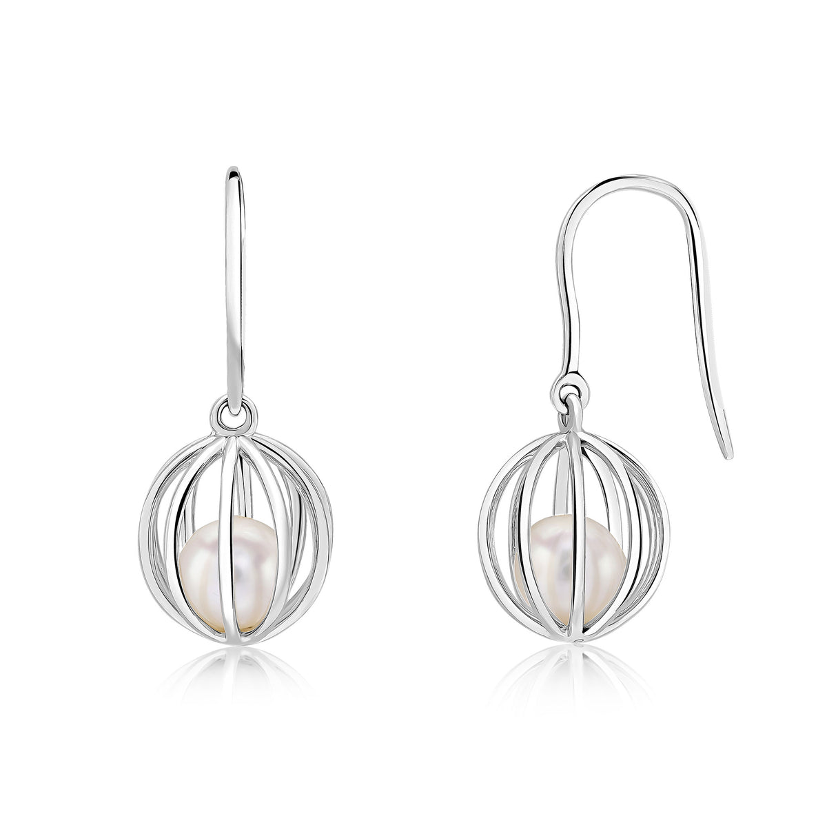 9CT WG PEARL IN ROUND CAGE DROP EARRINGS WITH HOOK WIRE FITTINGS