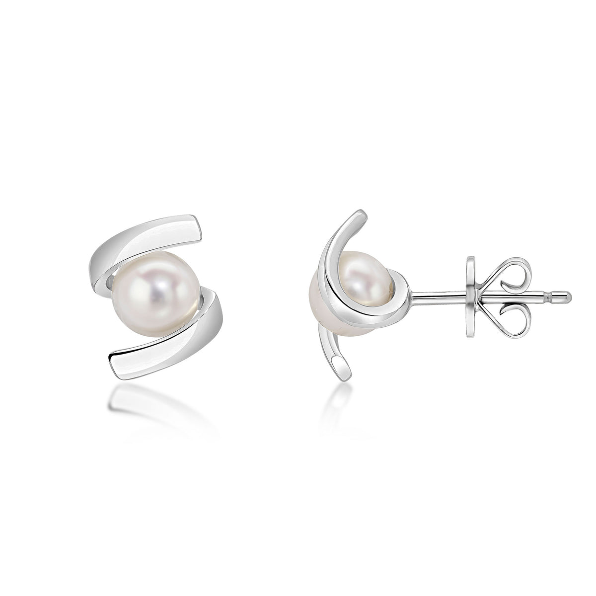 9CT WHITE GOLD ROUND CULTURED FRESHWATER PEARL TWIST STUD EARRINGS