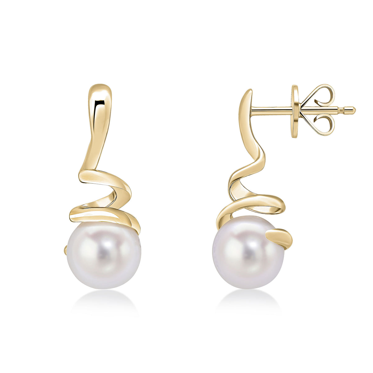 9CT YELLOW GOLD ROUND FRESHWATER CULTURED PEARL & SPIRAL DROP EARRRINGS