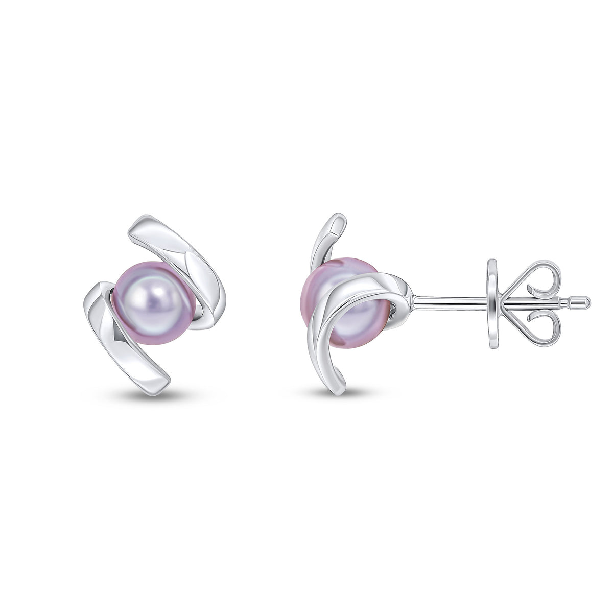 9CT WHITE GOLD GREY  ROUND CULTURED FRESHWATER PEARL TWIST STUD EARRINGS