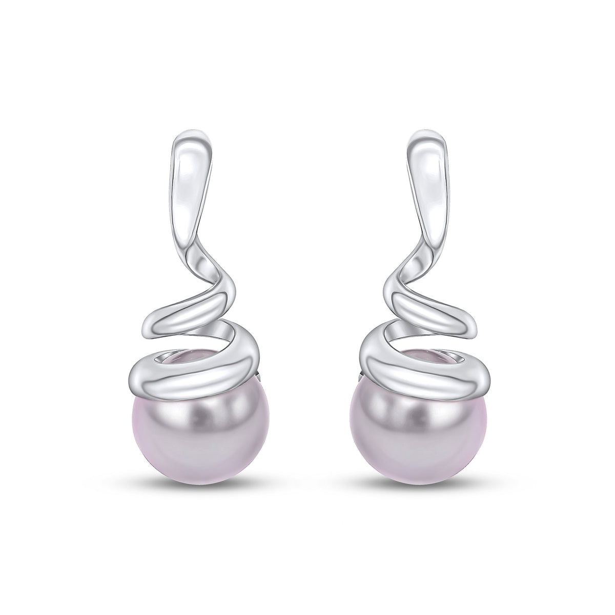 9CT WG GREY ROUND FRESHWATER CULTURED PEARL & SPIRAL DROP EARRRINGS