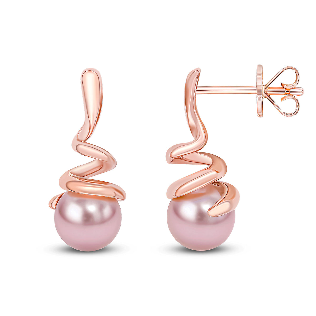 9CT RG PINK ROUND FRESHWATER CULTURED PEARL & SPIRAL DROP EARRRINGS