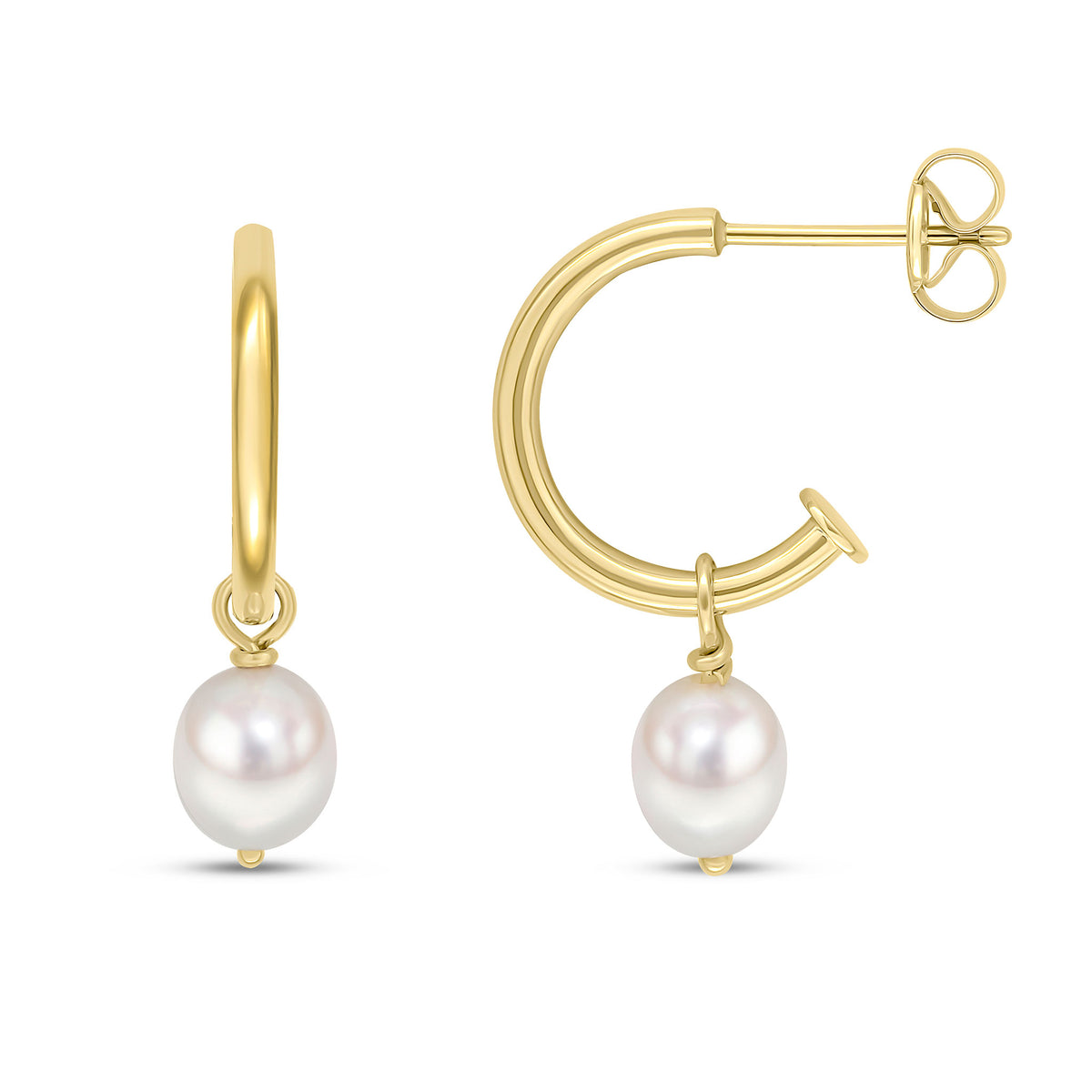9CT YG POLISHED HALF HOOP EARRINGS WITH CULTURED FRESHWATER PEARL DETACHABLE DROP
