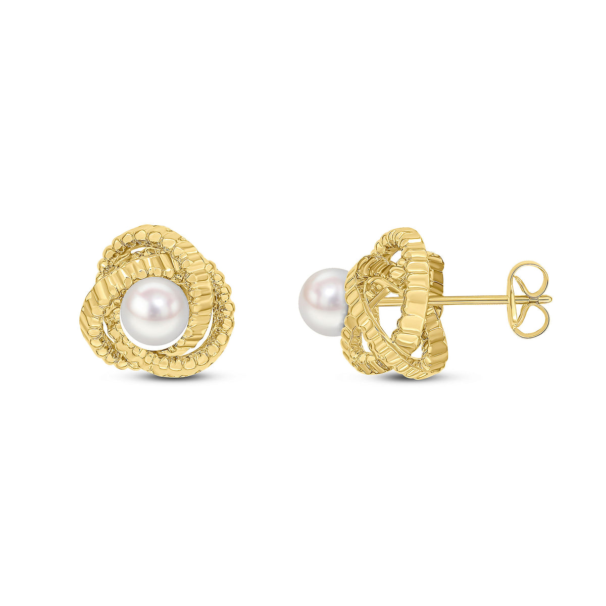 9CT YELLOW GOLD TEXTURED KNOT STUD EARRINGS WITH 5MM CULTURED FRESHWATER PEARL CENTRE