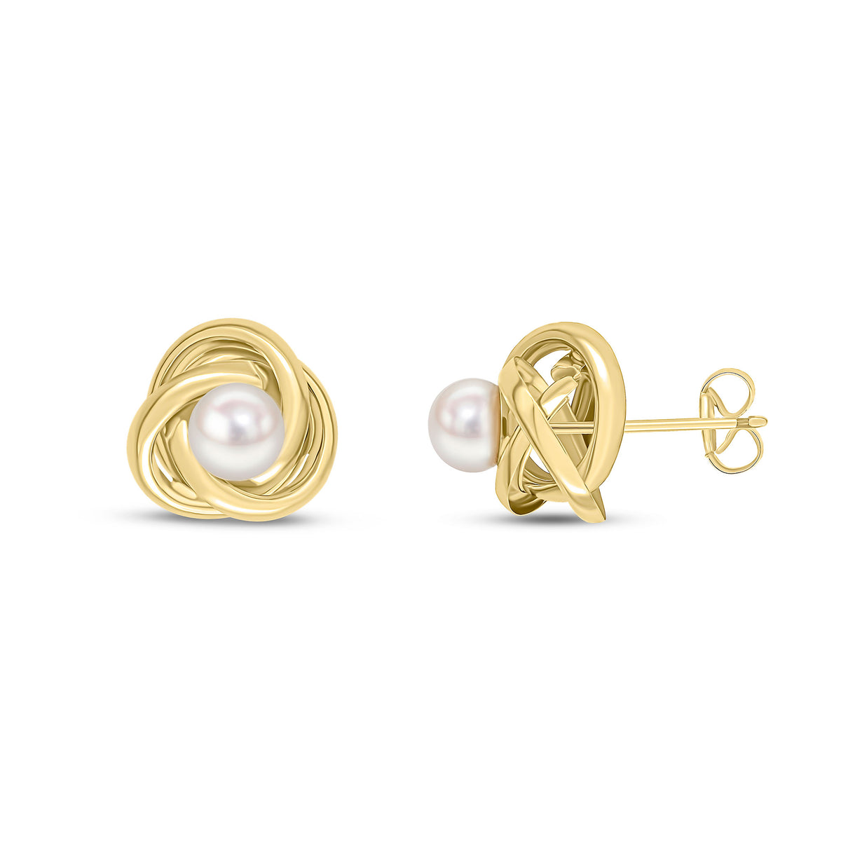 9CT YELLOW GOLD POLISHED KNOT STUD EARRINGS WITH 5MM CULTURED FRESHWATER PEARL CENTRE