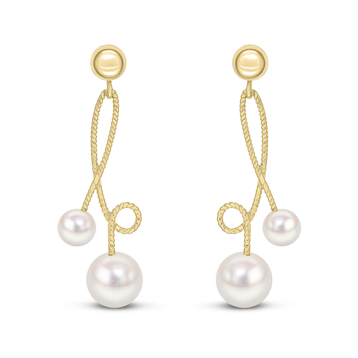 9CT YELLOW GOLD TWISTED WIRE LOOPS WITH 4MM AND 6MM CULTURED FRESHWATER PEARLS DROP EARRINGS