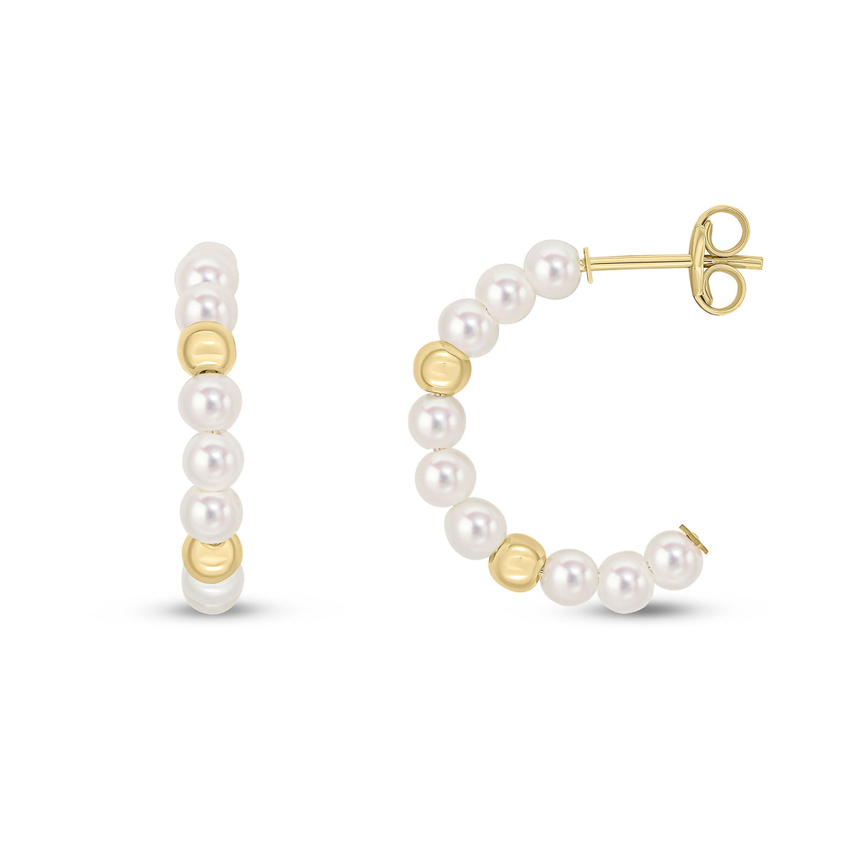 9CT YELLOW GOLD BEAD AND CULTURED FRESHWATER PEARL HALF HOOP EARRINGS