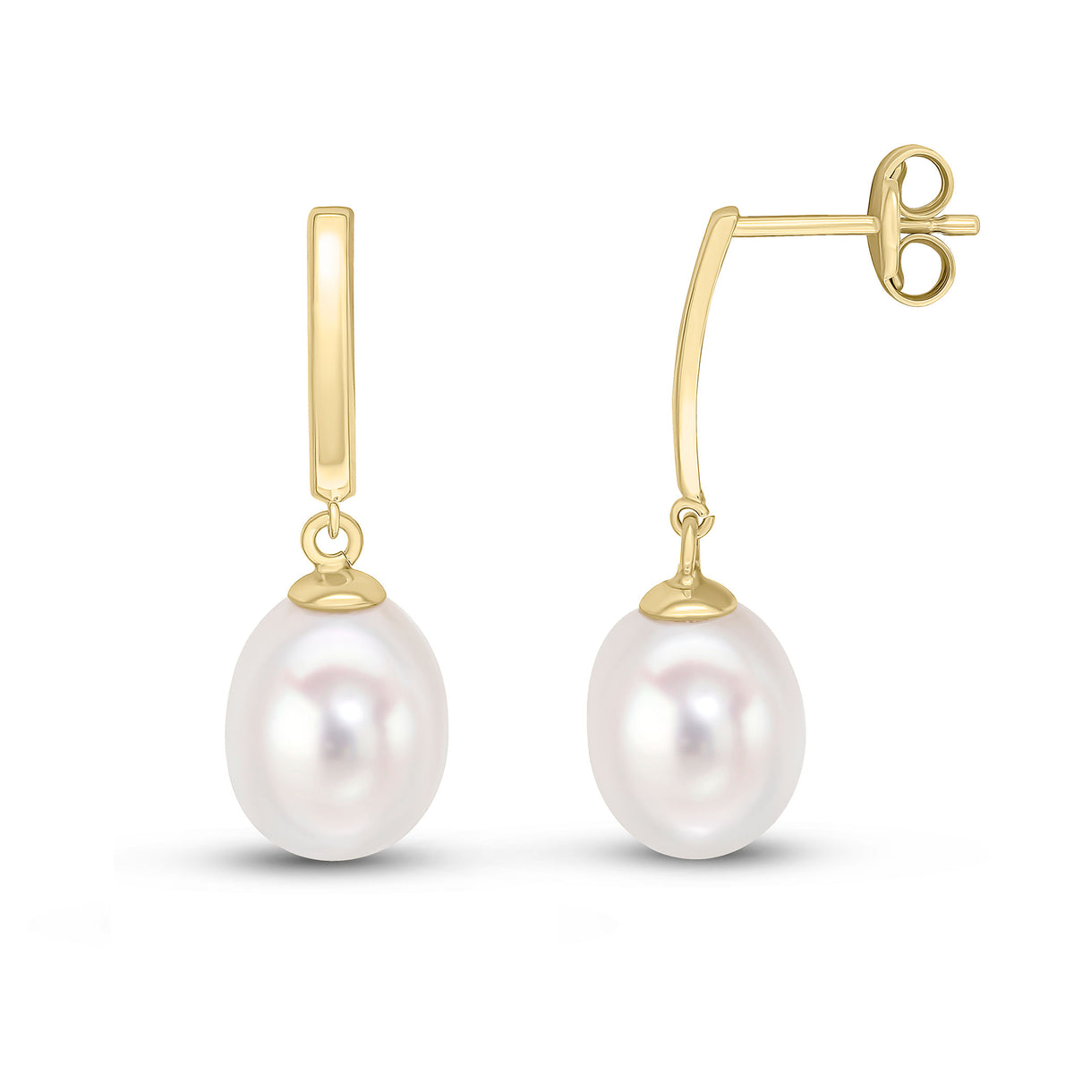 9CT YELLOW GOLD POLISHED CURVED BAR WITH CULTURED FRESHWATER PEARL DROP EARRINGS