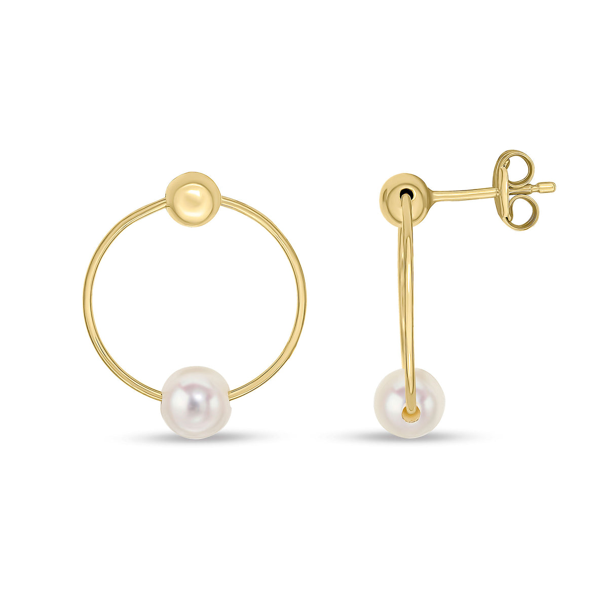 9CT YG 4MM BALL AND 5MM CULTURED FRESHWATER PEARL ON 16MM CIRCLE DROP EARRINGS