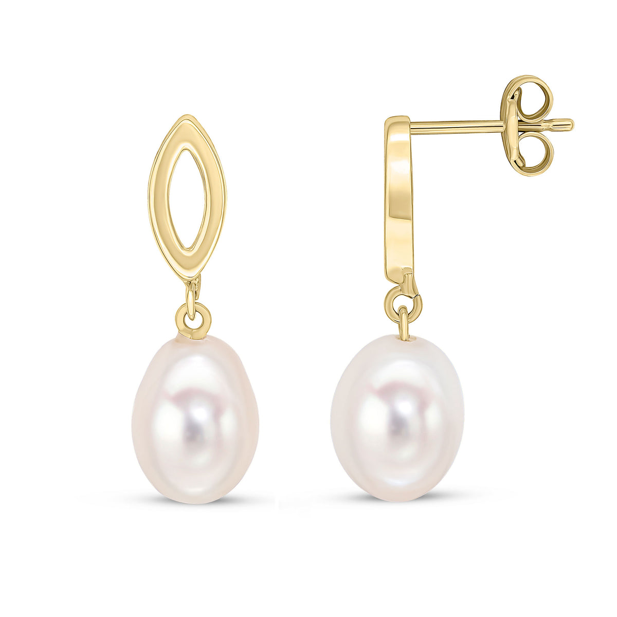 9CT YELLOW GOLD OPEN MARQUISE TOP WITH CULTURED FRESHWATER PEARL DROP EARRINGS