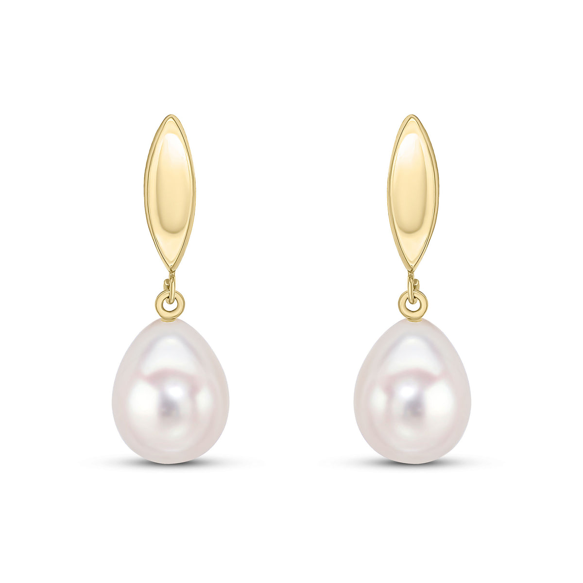 9CT YELLOW GOLD POLISHED MARQUISE TOP AND CULTURED FRESHWATER PEARL DROP EARRINGS