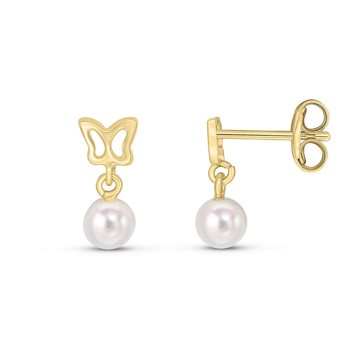 9CT YELLOW GOLD BUTTERFLY TOP AND CULTURED FRESHWATER PEARL DROP EARRINGS