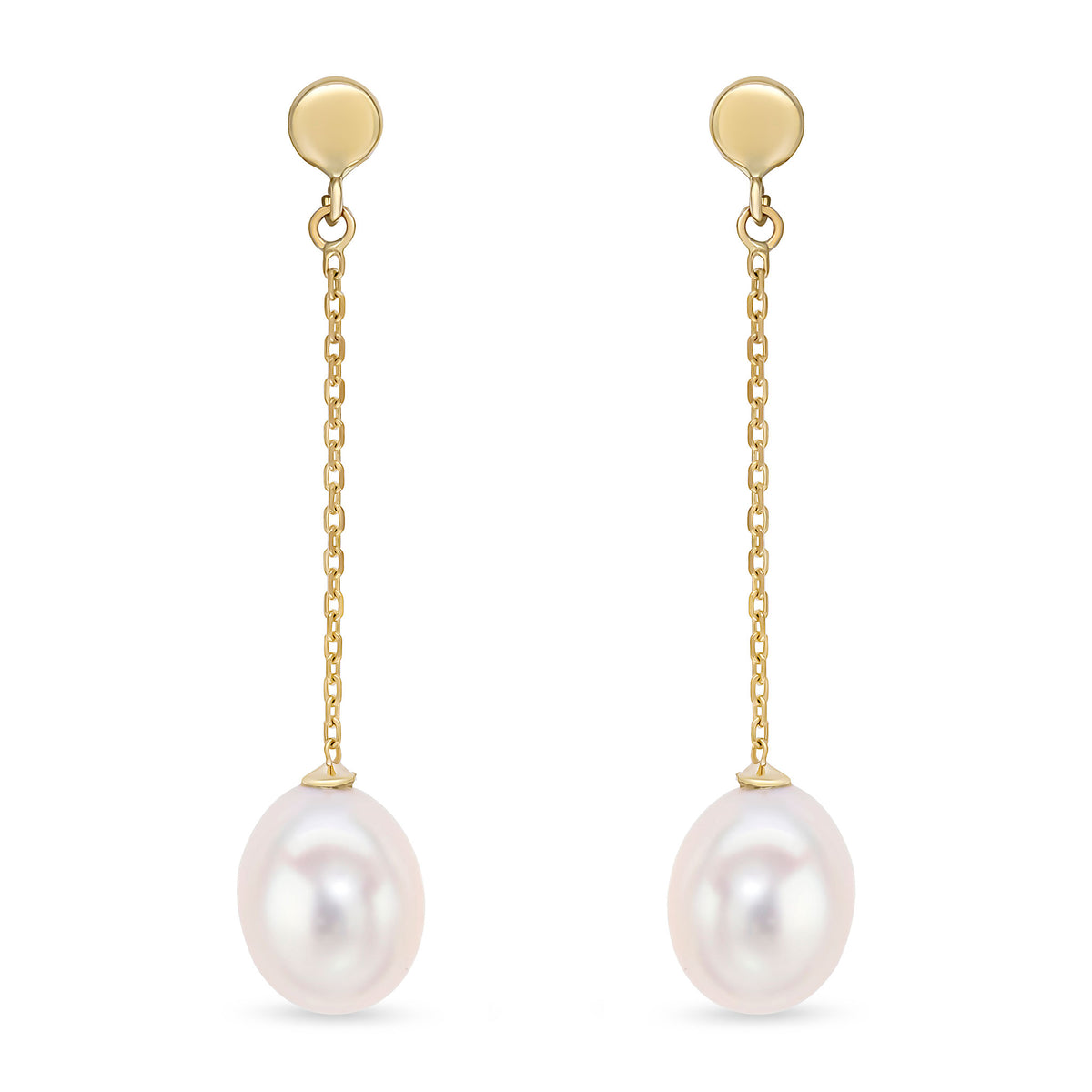 9CT YELLOW GOLD FLAT DISC TOP, CHAIN AND CULTURED FRESHWATER DROP EARRINGS